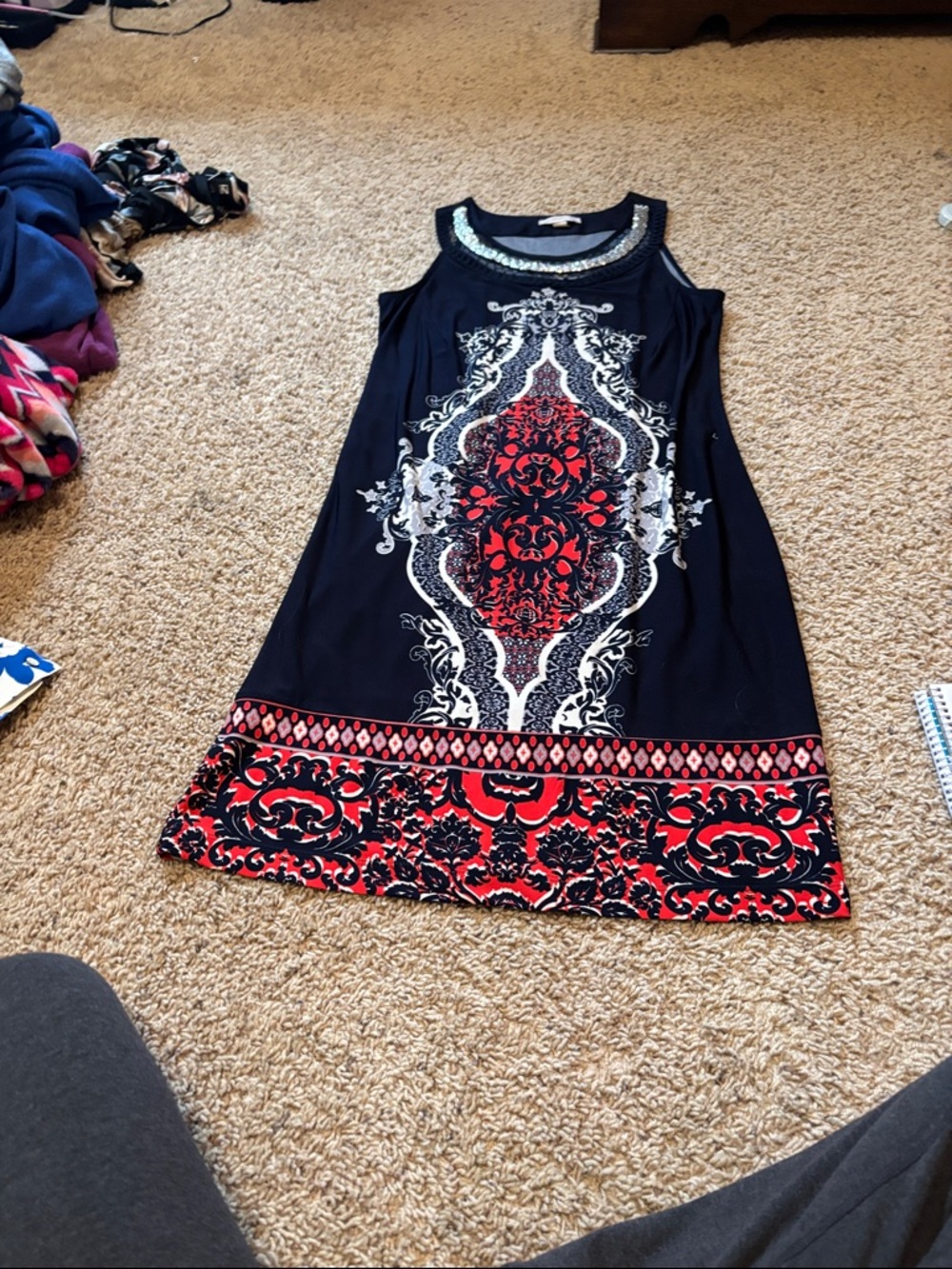 Sleeveless Black Dress with Red & White Baroque Print